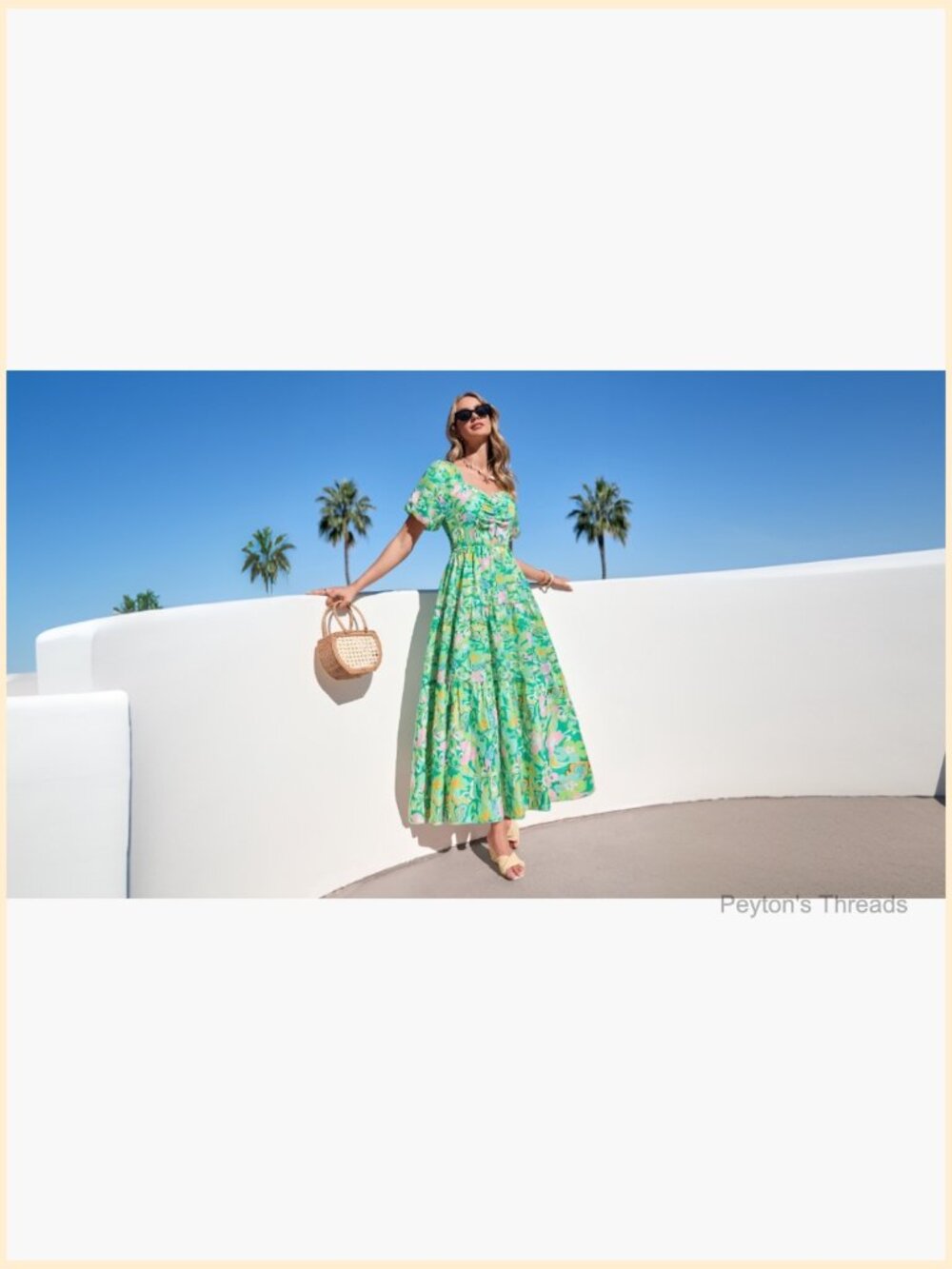 Summer Boho Floral Maxi Dress Square Neck Puff Sleeve Smocked - Picture 7 of 7